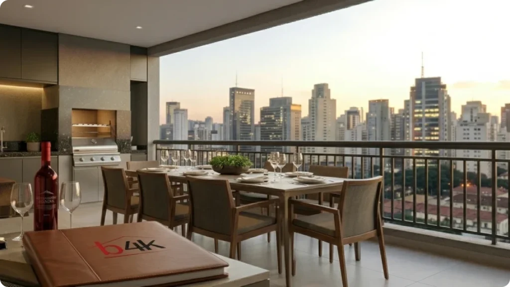 Varanda gourmet luxuosa de apartamento em São Paulo com churrasqueira a gás de embutir na bancada.