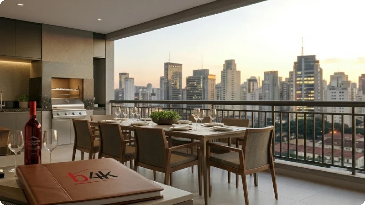 Varanda gourmet luxuosa de apartamento em São Paulo com churrasqueira a gás de embutir na bancada.