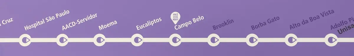 Mapa da Linha 5-Lilás do Metrô com a Estação Campo Belo, de Capão Redondo a Chácara Klabin